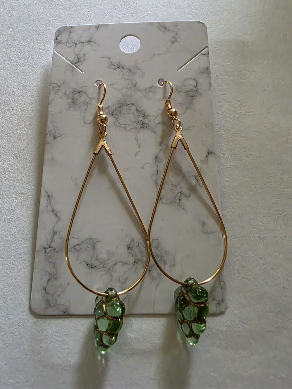 Gold Teardrop Earrings with Green Glass Charm